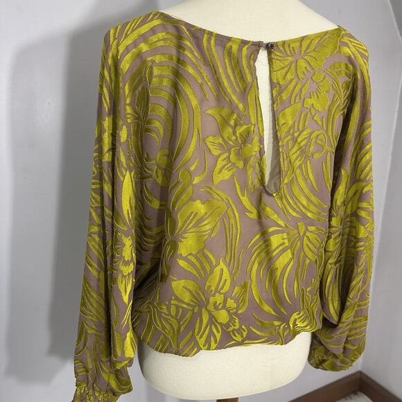 Cynthia Vincent Velvet Tropical Boho Artsy Top Large Blouse Peasant Neon Citron - Picture 9 of 10